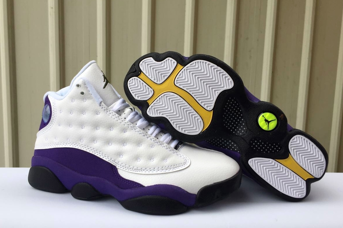 2019 Air Jordan 13 Lakers White Purple Black Yellow Shoes - Click Image to Close